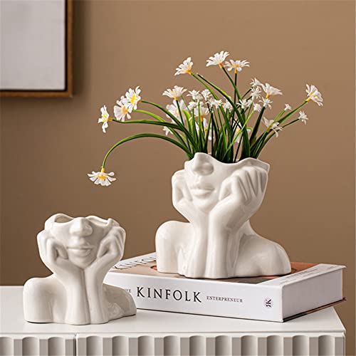 Ceramic Face Vase, White Flower Vases for Decor Female Form Head Half Body Vase Boho Unique Decorative Modern Style for Home Living Room Office Book Shelf (Medium) - color: A(medium)