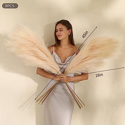 Wertuirk Champagne Faux Pampas Grass - 45-Inch Set of 8 | Boho Home Decor | Tall Artificial Pompas Floral Soft and Fluffy | Perfect for Wedding Centerpieces, Farmhouse and Baby Shower Decorations - color: Champagne