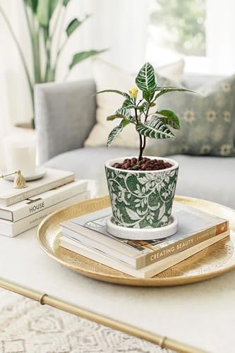 Set of 2 Ceramic Green Plant Pots with Drainage Hole and Saucers, Vintage Farmhouse Accent Planters for Indoor Plants, Round Flower Pots Rustic Succulent Cactus Pots Terracotta Tubs 5.7/4.7 Inch - color: Forest Green