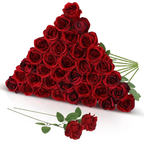 36 Pcs Burgundy Artificial Roses with Long Stems, Fake Silk Rose Artificial Flowers Bulk for Bridal Wedding Bouquet Centerpiece Ball Arrangement Party Decor - color: Burgundy