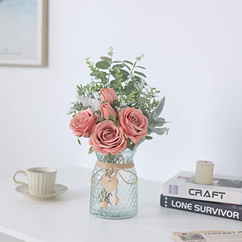 Faux Flowers with Vase,Artificial Silk Roses in Vase, Fake Plant Eucalyptus Flower Arrangement for Home Office Farmhouse Bathroom Dining Table Centerpiece Decorations Coffee Table Decor (Dusty Pink) - color: Dusty Pink