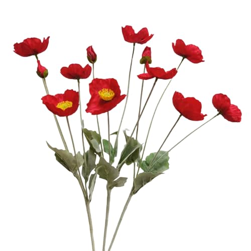3 Pieces Red Poppies Flowers Artificial,23"Ranunculus Artificial Flowers,Silk Flowers with Stems,Faux Flower Stems for Wedding,Party,Garden Outdoor Indoor Decor Flower Arrangements for Table (Red) - color: Red