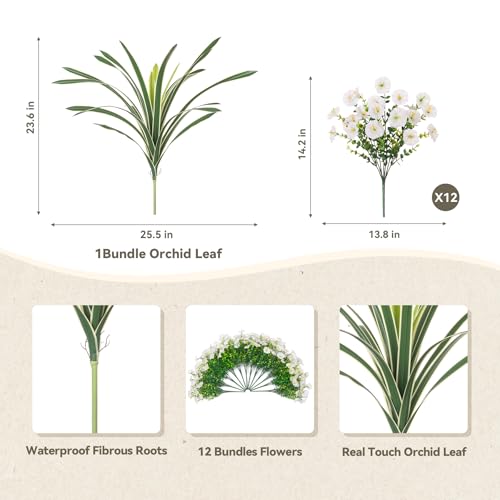 INXUGAO Artificial Flowers for Spring Outdoors Fake Plants Outside, 12 Bundles Silk Morning Glory with Eucalyptus UV Resistant Realistic Faux Flowers for Porch Planter Garden Patio Decor (White) - color: White