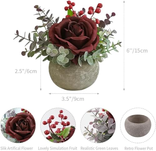 Small Artificial 2pcs Burgundy Rose Potted Plant, 6" Fake Silk Flowers in 3.5" Round Pot, Mini Faux Floral Arrangement for Desk Shelf Bathroom Decor - color: 2pcs Burgundy