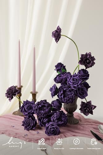 Ling's moment Artificial Flowers Fake Roses Faux Peony Foam Gardenia Combo for DIY Wedding Bouquets Centerpieces Arrangements Bridal Shower Party Home Decorations, Purple, 23pcs - color: Prpl-purple