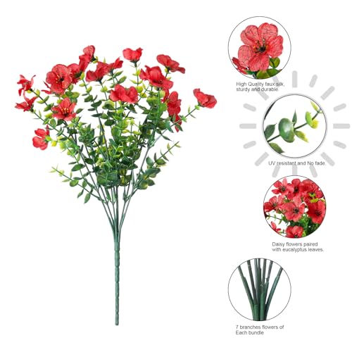 Artificial Fake Mums Plants Flowers for Outdoor Outside Fall Autumn, 12 Bundles Faux Silk Red Daisy UV Sun Resistant Look Real for Porch Patio Home Window Box Yard Planter - color: Red