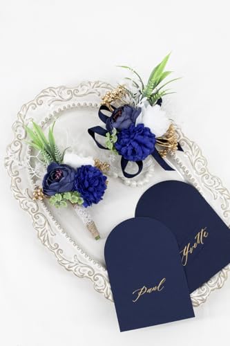 Ansofi Navy Blue Corsage and Boutonniere Set Artificial Rose Flower Wrist Corsage and Boutineers for Groom Groomsmen Bride Bridesmaids Prom Rustic Vintage Wedding Decor - color: Navy Blue