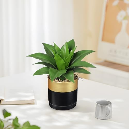Briful Agave Artificial Wide Leaf Plant in Black and Gold Pot – 10.2” Tall Faux Greenery with Plastic Leaves & Pebble Base, Fake Plants for Indoor Table Decor, Desk, Shelf, Office or Bathroom - color: Green and Gray Agave Gold Black Vase