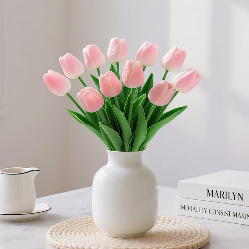 20 Pcs Pink Tulips Artificial Flowers 13" Fake Pink Tulips Real Touch PU Faux Tulip Bouquet for Mother's Day Floral Arrangement Home Kitchen Table Wedding Decorations - color: Pink