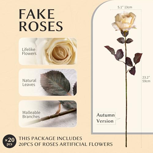 Artificial Flowers Artificial Roses 23.2In Fake Roses Long Stem Artificial Flowers for Tall Vase Silk Rose Suitable for Indoor Decor Wedding Party Decor DIY Bouquet Autumn (Milky White，20PCS) - color: Milky White