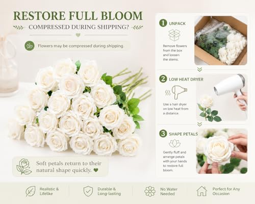 20 Pcs Artificial White Roses, Real Touch Silk Flowers for Home Decor, Wedding Centerpieces, Bouquets, Crafts & DIY Floral Arrangements, 20 Inches Tall