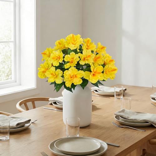 Briful 2 Bundles Artificial Hibiscus Flowers 16.9in, 9-Stem Short Faux Hibiscus Bouquet with Full Blooms, Silk Tropical Flowers for Vase, Table, Porch, Wedding, Indoor Outdoor Decor, Yellow - color: Yellow#943