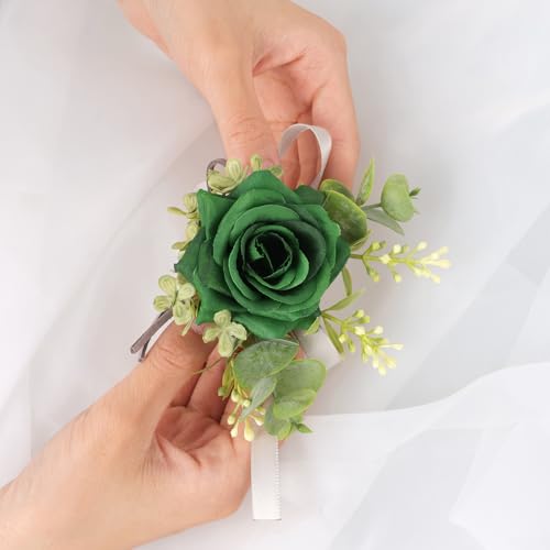 Alizeal 2Pcs of Wrist Corsage and Boutonniere Set, Artificial Flowers Accessories Suit Decor for Wedding Prom Party Homecoming Ceremony, Dark Green - color: 701-dark Green