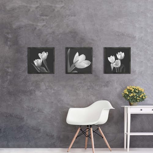 Black and White Tulip Wall Art - 3 Piece Framed Floral Pictures for Bedroom Bathroom Decor 12"x12"x3panels - color: Black and white picture, size: 12'' x 12'' x 3 Panels
