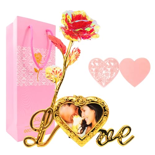 ONEPEACE 24K Gold Rose Birthday Gifts for Women with Love Picture Frame Stand, Artificial Rose Flowers Mothers Day Gifts for Mom from Daughter Son, Valentines Gifts for Her Mom, Wife, Grandma (Red) - color: Red