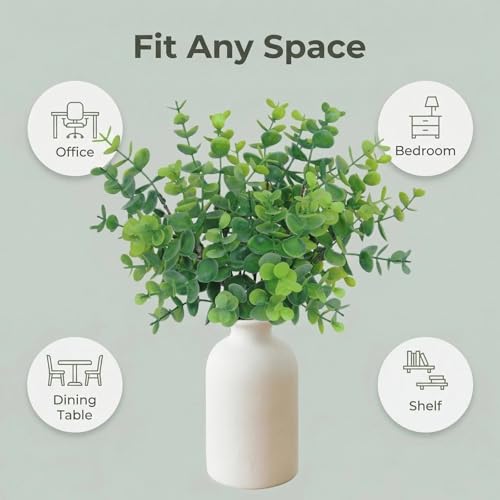 12" Artificial Sage Eucalyptus Stems Potted Plant - Realistic Small Fake Desk Plants for Office Home Decor, Faux Plants in Frosted Ceramic Vase for Indoor Spaces, Table Decor（7 pcs） - color: Sage Green Eucalyptus