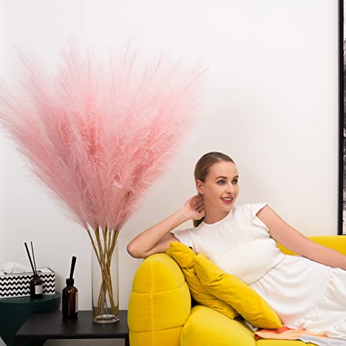 Faux Pampas Grass 6 Stems, Artificial Pampas Grass - 43 inch Total Extra Large Pompass Grass Tall Pompous Boho Flower Arrangement and Floor Vase Filler Home Decor for Room Wedding Party - color: Pink