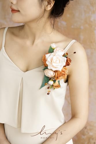 Ling's moment 2pcs Prom Wrist/Shoulder Corsage Artificial Flower, Girl/Mother Homecoming/Wedding Corsage Wristlet Décor, etc. Fall Terracotta Cream - color: Or-fall Terracotta & Cream