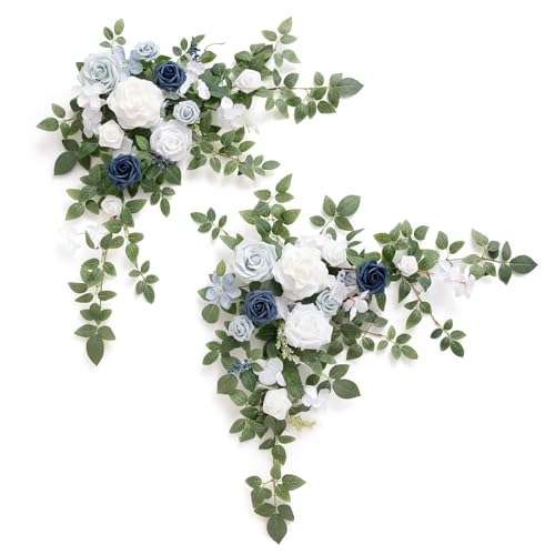 Ling's moment Dusty Blue Artificial Flower Garland Wedding Arch Flowers Floral Swags Table Centerpieces White Rose Arrangements for Sweetheart Table Easel Wall Entryway Board Backdrop Decor 2PCS - color: Blu-dusty Blue & Navy