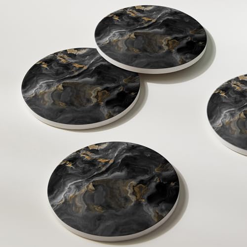 Set of 6 Abstract Black Marble Coasters with Holder, Absorbent Ceramic Coasters for Drinks, Coasters with Cork Backing for Table Protection, Housewarming Gifts for New Home - color: Abstract Black Marble