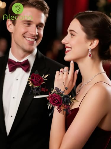 Alecono Boutonniere for Men, Set of 2 Burgundy and Black Boutonniere for Wedding Groom Bridegroom, Artificial Flowers for Prom Graduation Ceremony Anniversary - color: Burgundy, size: Boutonniere 2pcs