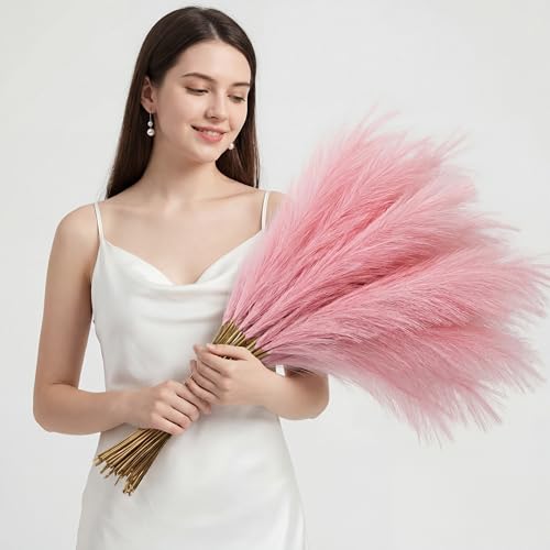 Suncalla 72 Pcs Pink Pampas Grass Decor for Wedding Bridal Shower DIY 21.7 Inches Faux Tall Pampas Grass Bulk Artificial Dried Flowers Feathers for Vase Filler Pastel Home Decor Party Bathroom Wall - color: Pink