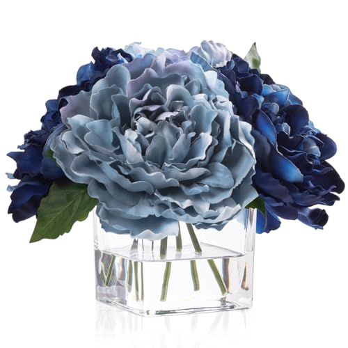 Artificial Peonies Flowers Arrangements in Cube Glass Vase, WELLKNOWN Silk Flower Centerpieces for Dining Room Table, Coffee Table Decor, Faux Peony Flowers with Faux Water (Bicolor Blue) - color: Bicolor Blue