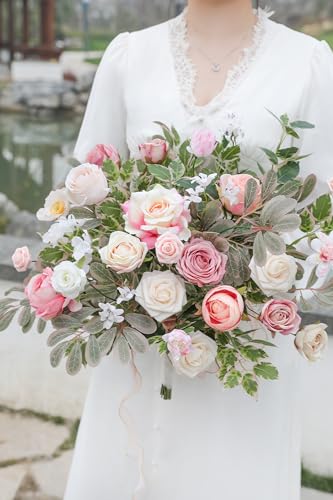 rongflower Pink Artificial Flowers Combo Set Fake Flower Leaf Box with Stemst for DIY Wedding Bridal Bouquet, Centerpieces, Home Decor, Floral Arrangement Decor - color: Pink
