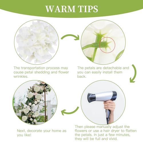 JPSOR 40pcs Artificial Hydrangea Silk Flower Heads with Stems, Fake Flowers for Mothers Day Wedding Centerpiece Home Garden Party Decoration (White) - color: White