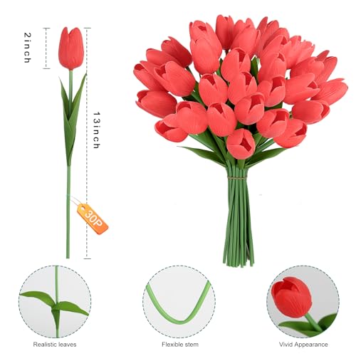 Artificial Tulips Flowers Fake Latex Tulip Stems - 34pcs Real Touch Faux Multicolor Tulips Flower for Easter Spring Wedding Bouquet Centerpiece Floral Arrangement Cemetery Table Decor - color: Red