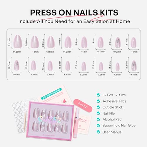 32Pcs Soft Gel Press on Nails for Women, Pink Cat Eye, Short Almond | Metal Chrome Bow Art False Fake Nails Press Ons for Office Daily Wear, Salon Quality Reusable Glue & Stick on Nail Gift Kit - color: 3H-Rose Sparkle