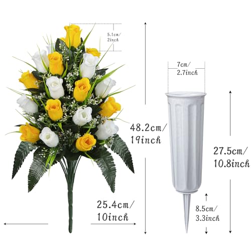 XONOR 2 Sets Artificial Cemetery Flowers, Grave Decorations Roses, Memorial Flowers Bouquet with Vase for Grave Cemetery Decoration (Yellow&White) - color: Yellow&white