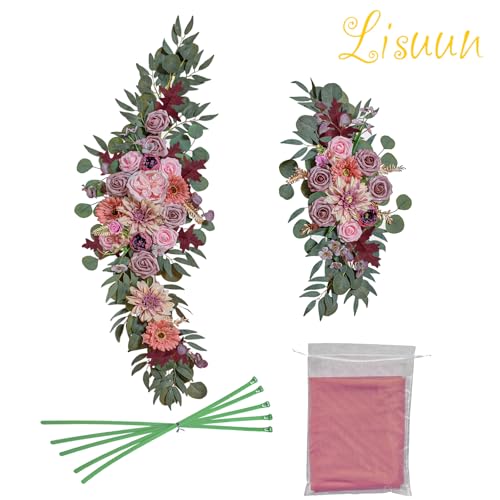 Lisuun Artificial Wedding Arch Flowers with Chiffon Runner, Pack of 3 | Includes 2 Flower Swags, 1 20ft Chiffon Runner and Zip Ties for Wedding Arches, Arbors and Backdrops - color: Dusty&blush