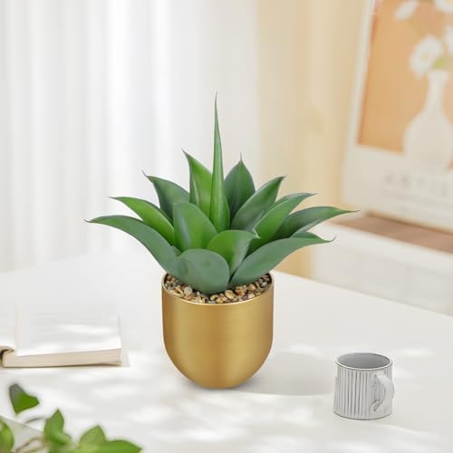 Briful Artificial Agave Plant in Gold Metal Pot, 13 Inch Tall Faux Succulent with Gray-Green Wide Leaves, Realistic Decorative Fake Plants for Home, Office, Shelf, Tabletop Decor - color: Aloe Vera Gold Vase
