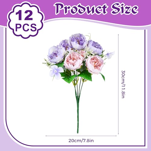 Olgaa 12 Bundles Peonies Artificial Flowers Fake Peony Bouquet Faux Peonies Flowers Bulk with Stems Flower Balls for Centerpiece Table Decorations Wedding Bridal Floral Arrangement (Purple) - color: Purple