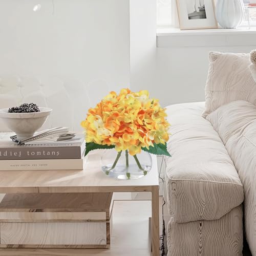 Hydrangea Artificial Flowers in Glass Vase, Orange Silk Fake Flowers Silk Centerpiece Table Decorations for Dining Room， Coffee Table Decor，Wedding, Home with Faux Water Decor（Orange） - color: Orange