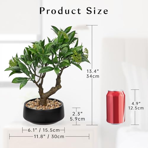 Artificial Bonsai Tree, Small Bay Laurel Bonsai Tree 13" Indoor Bonsai Tree | Fake Potted Plant Decorative Fake Desk Plant Decor with Ceramic Pot for Home Office Living Room Bathroom Table Shelf - color: Green Bay&black Pot