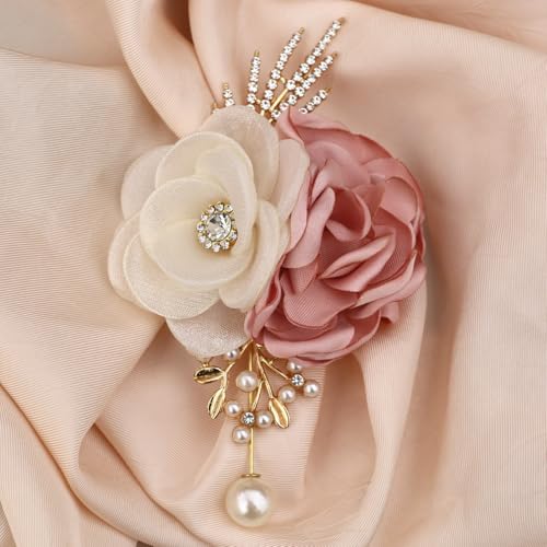 Satin Rose Corsage and Boutonniere Set for Bride Groom Bridesmaids Groomsmen Wedding Homecoming Flowers Prom Party Suit Accessories (Pink) - color: Pink