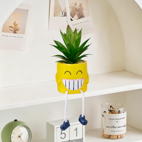 Fake Plants Small Potted Succulents with Yellow Pot, Creative Artificial Succulent Plants in Hanging Leg Fun Pot, Mini Vibrant Faux Plant for Home Office Desk Decor and Gift Choice - color: 1pcs-yellow