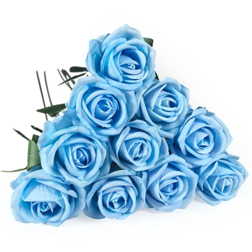 10 PCS Artificial Roses with Long Stems Silk Flowers Realistic Foam Flowers Fake Roses for Valentine's Day Home Wedding Decor(Light Blue) - color: Light Blue