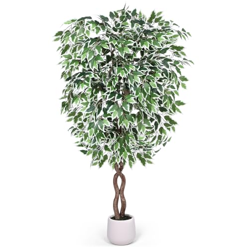 Jocoevol 6FT Artificial Ficus Tree, Tall Faux Trees Indoor with White Planter, Dried Moss, Natural Silk Leaves & Trunk, Fake Plants for Home Living Room Office Corner Decor Housewarming Gift - color: White Border, size: 6ft