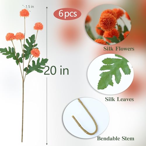 mizii 6Pcs Orange Fake Silk Pompon Mum Artificial Flowers Bulk Small Faux Chrysanthemums with Stems Realistic Floral Decorations for Wedding DIY Bouquet Centerpieces Shower Vase Home Decor (Orange) - color: Orange