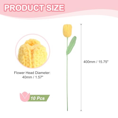 MECCANIXITY Tulip Crochet Flowers, Artificial Knitted Tulip Flower Completed Handmade Tulips Bouquet for Gift Home Birthday Wedding Decoration, Yellow Pack of 10 - color: Yellow