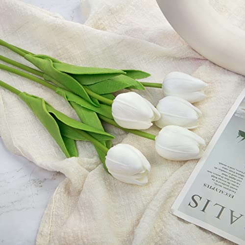 Ouddy Decor 30 Pcs White Tulips Artificial Flowers Real Touch PU Faux Flowers Fake Tulips Stems for Spring Summer Bouquet Floral Room Table Party Wedding Easter Mothers Gifts Home Decorations - color: White