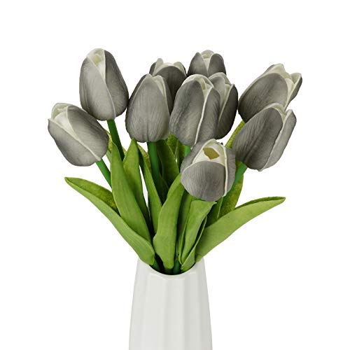 10 Pcs Artificial Tulips Flowers 13.8 inch Real Touch PU Fake Holland Tulip Bunches Bush Countertop Table Display Floral Decoration for Wedding Party Living Room (Gray)