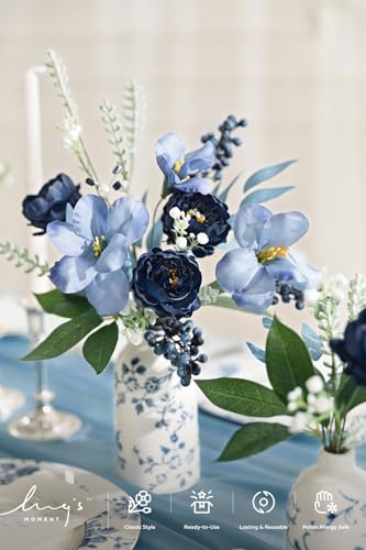 Ling's moment Artificial Greenery Stems Box Set, 59pcs with 8 Kinds of Faux Greenery Picks for DIY Bridal Bouquets Wedding Floral Arrangement Table Centerpieces, Dark Green & Navy - color: Blu-dark Green & Navy