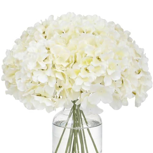Fake White Hydrangea Artificial Flowers - Faux Silk Hydrangeas Flowers Heads with Stems Real Touch for Home Wedding Party Table Decor(CreamWhite,Pack of 10) - color: Cream White