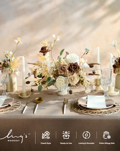 Ling's moment Artificial Flowers Fake Silk Hydrangea Faux Gardenia Foam Roses Combo for DIY Wedding Centerpieces Arrangement Bridal Shower Party Home Decoration, Earth Brown & Tawny Beige, 31pcs - color: Brn-earth Brown & Tawny Beige