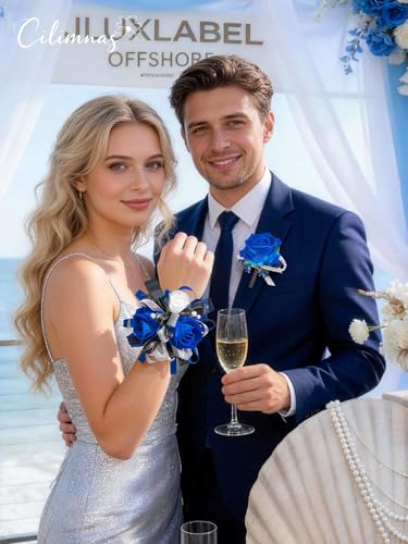 Prom Corsage and Boutonniere Set Blue,Artificial Silk Rose Wrist Corsage for Homecoming, Formal Dance Party, Wedding,Graduation,Anniversary - color: Blue