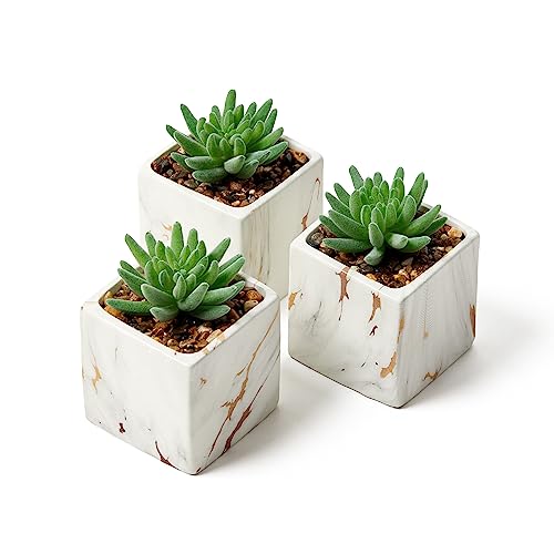 Nordik Square Marble Pots with Gold Vein Accents - Set of 3 - Modern Office and Home Decor - Lifelike Faux Plants - Artificial Desk Plants for Office and Bathroom - Mini Indoor Cactus - color: White Gold